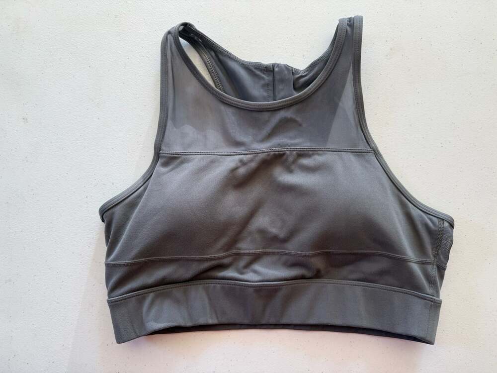 ZYIA Active All Star Gray Mesh Zip-Front Sports Bra with "One More Rep" Print